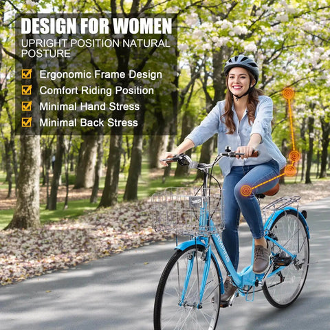 Woman riding Foldable Cruiser Bike 26 Inch 7 Speed for Adults Men and Women, ergonomic upright design, blue aluminum frame