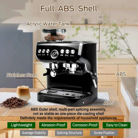 All-In-One Espresso Machine With 15 Bar Pressure, Built-In Bean Grinder, Milk Frother And Steam Wand, 70 Oz Removable Water Tank