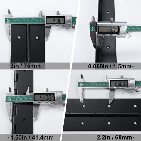Close-up of Heavy Duty 16 Inch Piano Hinge, 3 Inch Wide, 0.060 Inch Thick Stainless Steel 304 Black with caliper measurements.