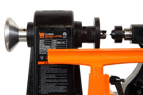 Close-up of Powerful Benchtop Wood Lathe With 4.5 Amp Motor And 12 By 18 Inch Capacity Five Speed Settings Up To 3400 RPM Includes