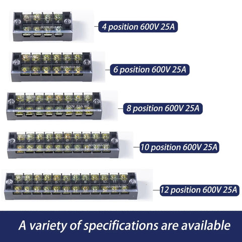 Beefed Up Heavy Duty 600V 25A Dual Row Screw Terminal Block Kit with various position options visible