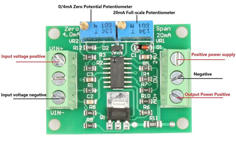 Front view of Voltage To Current Converter Module 0-10V To 4-20mA Signal Output with adjustable range, green circuit board