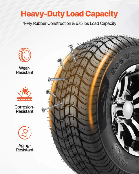 Four 205/50-10 Golf Cart Wheels And Tires Set With 10 Inch Aluminum Alloy Rims showing wear-resistant beefy 4 ply rubber
