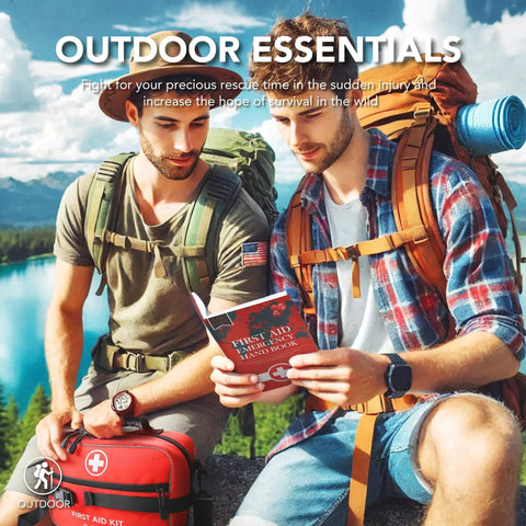Two men outdoors with a 430 Piece First Aid Kit With Easy Access, Well Organized Labeled Pockets And Dedicated Bandage Area, camping gear in background