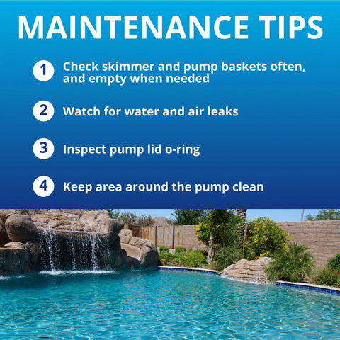 SuperFlo 1HP EC pump maintenance tips board over blue-gradient poolside with waterfall