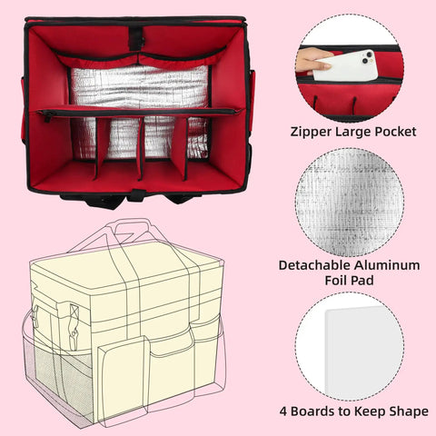 Interior view of rolling cleaning caddy with wheels, showing large zipper pocket, detachable aluminum foil pad, and 4 shape boards.