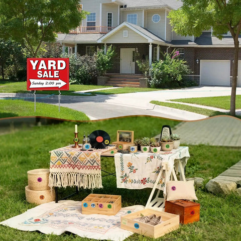Two Pack Yard Sale Sign Kit With Four Metal Stakes And 960 Removable Price Stickers displayed in a front yard.
