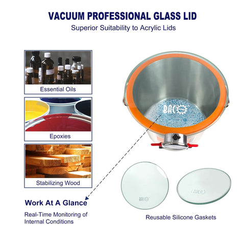 5-gallon stainless steel vacuum chamber with tempered glass lid and orange gasket; includes two glass lids