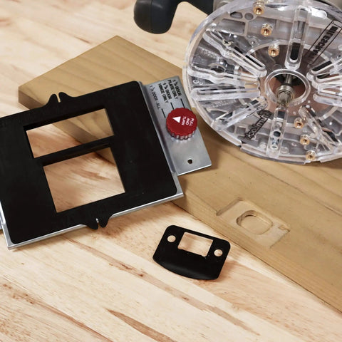 Self Clamping Door Lock Jig Kit For Installing Locks Handles And Hinges With Bi Metal Hole Saws Includes Mortise Router Bits And Cutting Tools DIY Friendly Cutting Tools Included Adjustable Backsets For Common Door Installations No Screws Needed And No, showing components on a wooden surface
