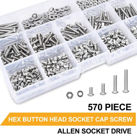 Stainless Steel M3 Button Head Socket Cap Screws Bolts Nuts And Flat Washers 570 Piece Assortment Kit in compartment tray