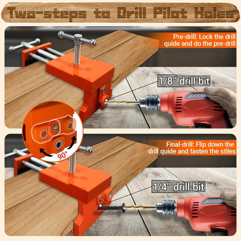 Four Pack Heavy Duty Face Frame Cabinet Clamps With Alignment Plate For Woodworking And Cabinet Installations Perfect For Drawer Fronts Panels And Cabinet Hardware Jigs Orange shown clamping wood with drill guide, locking mechanism, and drill in use for precision work.