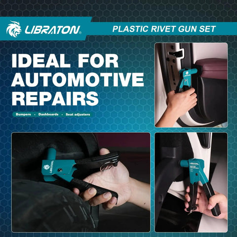 Lightweight 90 Degree Plastic Rivet Gun Kit With One Hand Riveter used in automotive repairs, showing ergonomic grip in action.