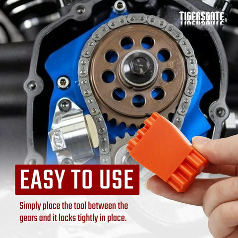 TIGERSGATE cam lock tool for Harley Twin Cam M8; orange plastic, installed between timing gears.