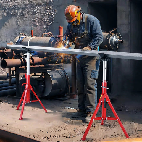 Worker using Heavy Duty Pipe Jack Stand With Adjustable Height And Folding Portable 2500 Lb in industrial setting for metal work.