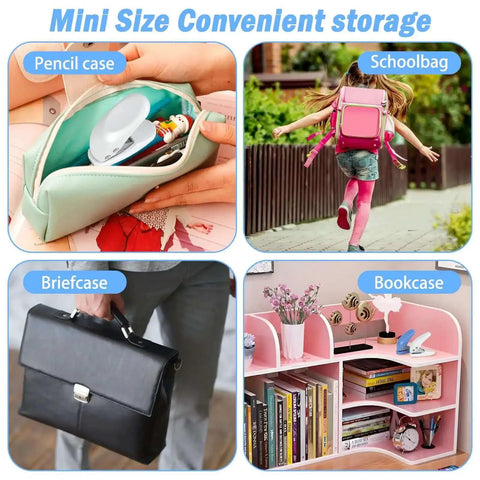 Mini hole puncher from 4 Pack Handy Mini Hole Punch Set 6mm Single Hole Punchers shown in pencil case, schoolbag, briefcase, and bookcase.