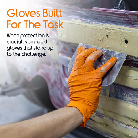 Orange Nitrile Gloves Ultra 8 Mil Diamond Textured Grip Small 100 Count in use during automotive repair