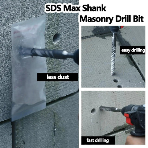 SDS Max Rotary Hammer Drill Bit, 38mm Carbide Tip, 10 Inch 260mm Length For Masonry Concrete Brick Stone Cement Walls, 1-1/2 Inch Diameter With SDS Max Shank drilling into concrete wall