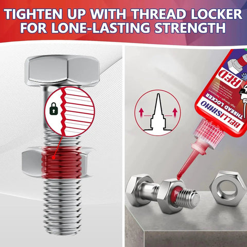 2 Pack Blue And Red Thread Lockers For Nuts Bolts And Metal Fasteners Medium And High Strength Thread Locker Set applied to bolt