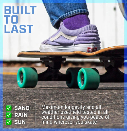 Fireball Dragon Ceramic skateboard bearings (8-pack) product image showing a skateboard with teal wheels outdoors