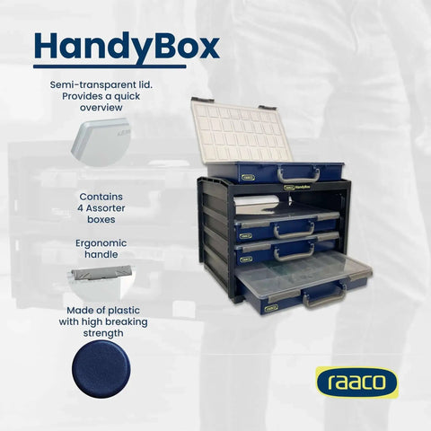 HandyBox Toolbox Storage And Carrying System with four drawer compartments for nuts, bolts, and screws, polypropylene plastic.