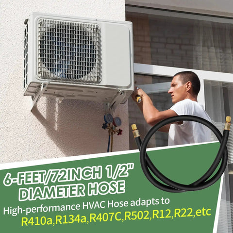 Technician using Half Inch HVAC Vacuum Hose With Three Eighths Inch Fittings Six Feet Long High Flow Refrigerant Evacuation Line.