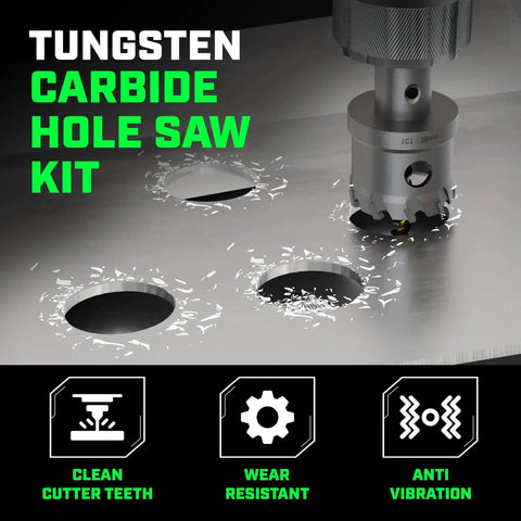Tungsten Carbide Hole Saw Kit cutting through metal surface, highlighting clean cutter teeth and wear resistance features.
