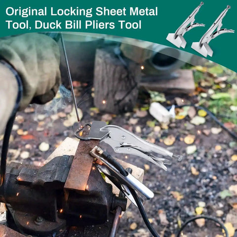 Two Pack 8 Inch And 10 Inch Locking Sheet Metal Pliers Set used in metal fabrication with sparks flying outdoors