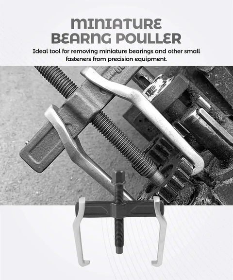 Close-up of a 4-Inch Two Jaw Gear Puller on machinery showcasing adjustable jaws and chrome vanadium steel construction.
