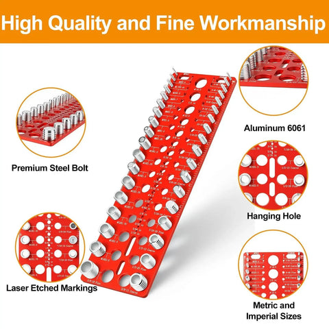 Nut And Bolt Thread Checker For Quick Sizing With 19 SAE Standard And 17 Metric Thread Sizes Plus 19 Drill Bit Gauges, Nut And Bolt Identifier Tool For Easy Verification, durable red aluminum handheld gauge with etched markings.