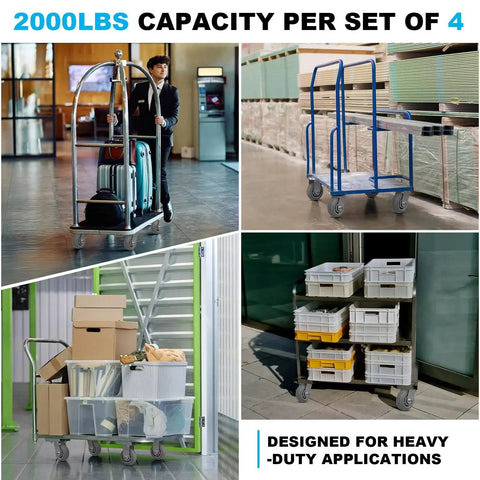 Collage of carts with Heavy Duty Industrial Caster Wheels Set 6 Inch By 2 Inch With Non Marking Thermoplastic Rubber Tread 1000 Lb Capacity.