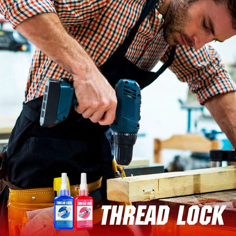 Man using a power drill with Dual Pack Blue And Red Thread Locker For Nuts Bolts And Metal Fasteners With Medium And High Strength To Lock And Prevent Loosening Seals Against Corrosion And Delivers Long Lasting Stability Two 50ml Bottles.
