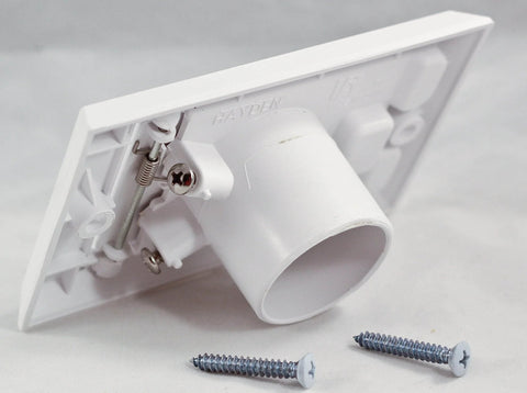 Hayden central vacuum wall inlet with white square door and round hose outlet; two mounting screws.