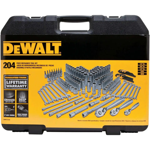 All In One 204 Piece Mechanics Tool Set With Quarter Inch, Three Eighths Inch, And Half Inch Drives on molded case cover