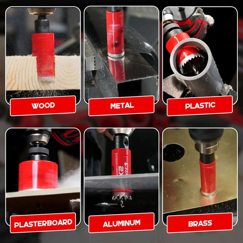 Heavy Duty Bi Metal Hole Saw Kit With 16 Piece Set cutting through wood, metal, plastic, plasterboard, aluminum, and brass