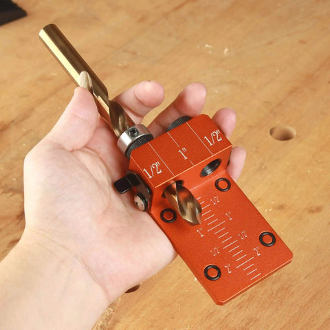 Solid Aluminum Dowel Jig Kit With Laser Cut Witness Mark And Depth Scale For Precise Drilling Half Inch Pro Grade Self Centering Dowel Jig Kit With Cobalt M35 Drill Bit in hand for size reference