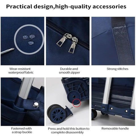 Expandable Rolling Duffle Bag With Wheels And Handle details like zippers, wheels, and waterproof fabric for Weekend Trips and Gym.