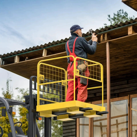36x36 Forklift Safety Cage 1200 Lb Heavy Duty Collapsible Work Platform in use for roof maintenance