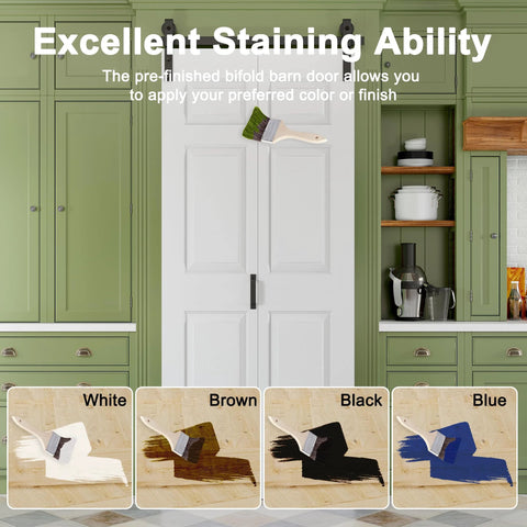 Paintable 40 By 84 Inch Bifold Barn Door With Six Panels No Assembly Required No Sweat Easy Glide Sliding Closet Doors With Hardware Kit Included And Track Kit For Two Doors Pre Drilled Holes In White in a kitchen setting