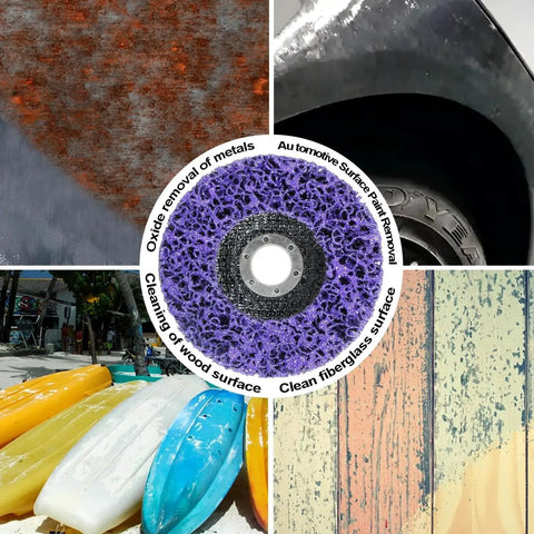 Beast Mode Purple Silicon Carbide Paint Stripping Discs For Angle Grinders Four And A Half Inch 12 Pack WelderElite showing usage on metal, wood, fiberglass surfaces.