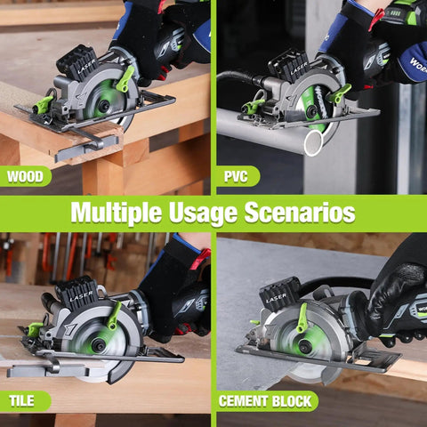 Powerful 20V Cordless Mini Circular Saw With Laser Guide with 4.5 inch blade in action on wood, PVC, tile, cement block