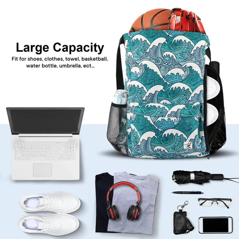 Drawstring Gym And Beach Backpack With Mesh Pockets, Water Resistant And Sandproof, Blue Waves, shown with various packed items
