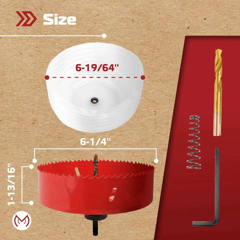 Pro Grade Bi-Metal Hole Saw Kit For Recessed Lighting 6-1/4 Inch With Silicone Dust Bowl And 11/32 Inch Hex Shank Arbor Includes Ejector Spring Replacement Drill Bit For Wood Plastic Ceiling Drywall, showing size dimensions.