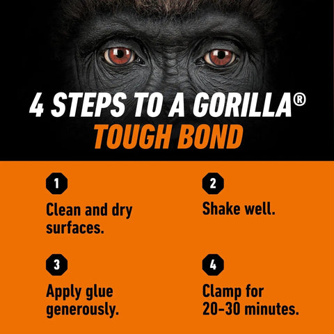 Four steps to a tough bond with gorilla eyes and instructions for using glue: clean surfaces, shake, apply glue, clamp for 20-30 minutes.