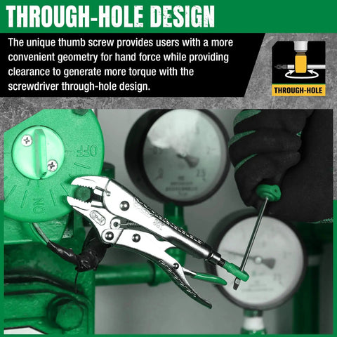 5-Piece Locking Pliers Set With Long Nose And Curved Jaw For Gearhead Projects clamping green metal component near dials