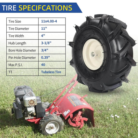 Tubeless 11x4.00-4 Tiller Tire And Wheel With 3/4 Inch Axle And 3-1/8 Inch Centered Hub for Super Lug Tractor and Trencher Tillers