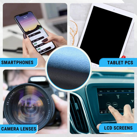 5 Pack Double Sided Microfiber And Suede Cleaning Cloths For Delicate Screens shown with smartphones, tablets, camera lenses, and LCD screens
