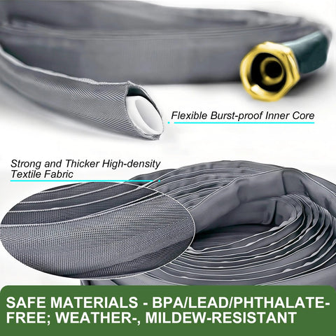 GUKOK garden hose, 50 ft non-expanding gray hose with brass connector; shows burst-proof inner core and thick fabric.