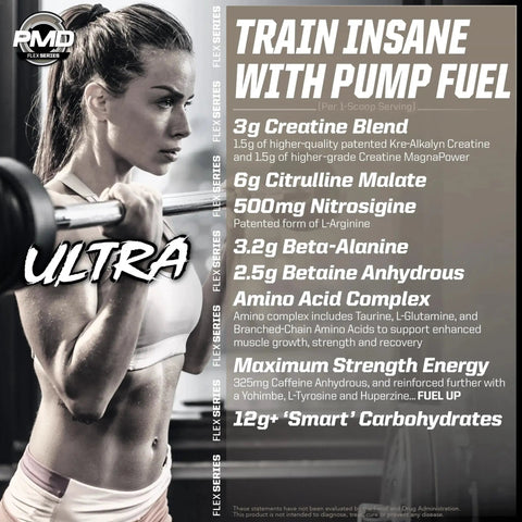Ultra Insanity Premium Pre Workout Powder For Explosive Muscle Pump Laser Focus Endurance And Recovery With Creatine Arginine And Beta Alanine Cherry Bombsicle Flavor 30 Servings label on a fitness model background