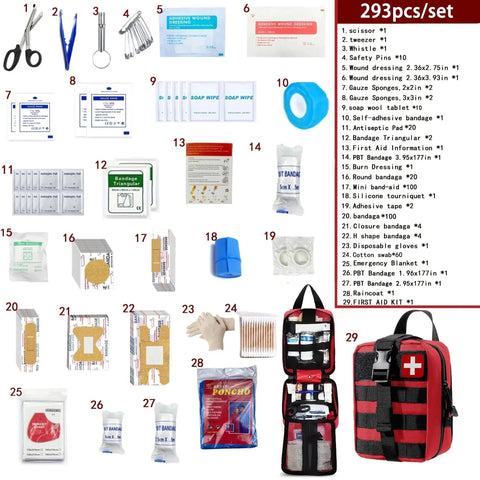 293 Piece First Aid Kit Set With MOLLE Pouches For Outdoor Activities And Travel In Red
