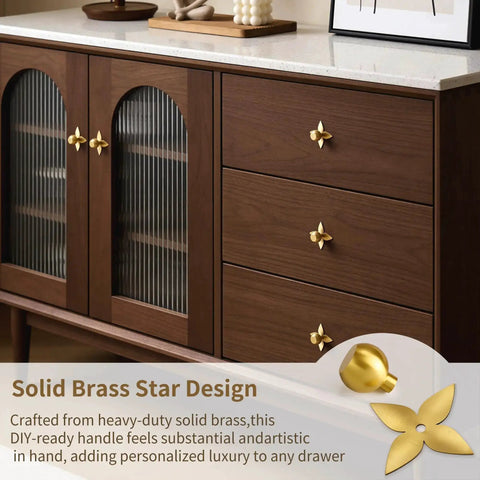 Solid Brass Gold Cabinet Knobs 4 Pack With Star Backplates on dark wood dresser in modern interior setting